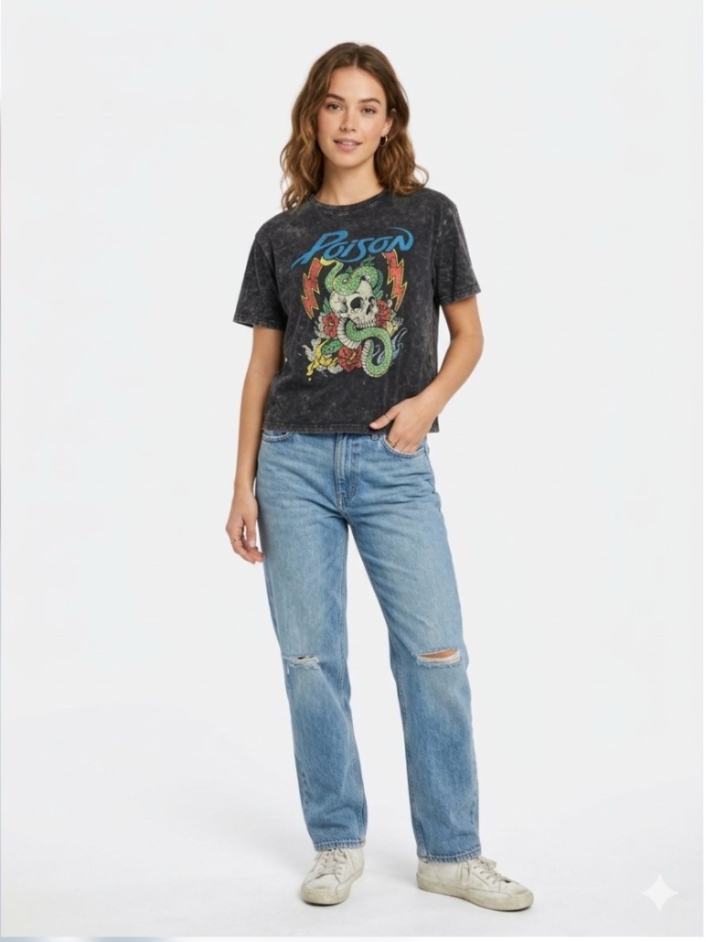 Poison 80s Glam Metal Band Graphic T-Shirt Acid Wash Crop Top Short Sleeve